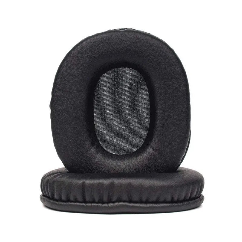 Two black soft PU leather replacement ear covers for Sony 1R headphones on a white background.