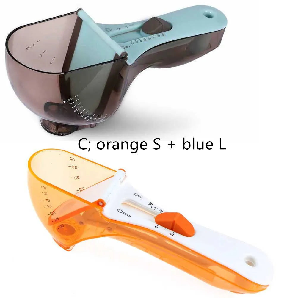 Orange and blue digital measuring spoons with magnetic base and measurement markings.