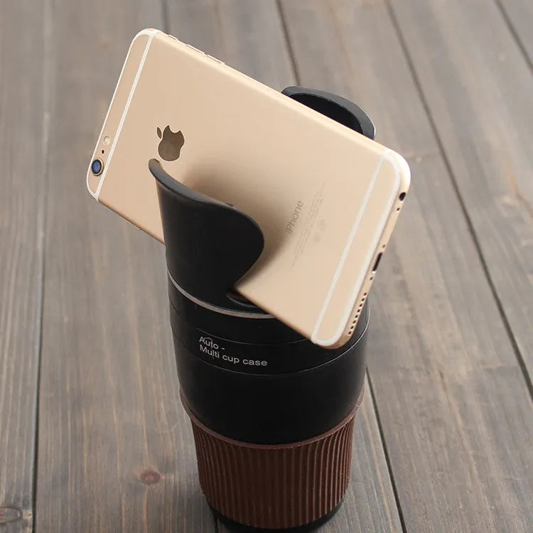 Car multifunction cup holder and navigation bracket in various colours on dashboard