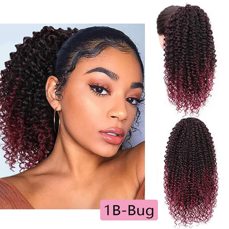 Drawstring puffy ponytail afro curls wig in medium length for ladies, style simple, colour #1B