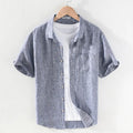 Men's linen short sleeve shirt with square collar in raw jute colour