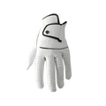 White men's golf glove with half sheepskin palm, shown laid flat.