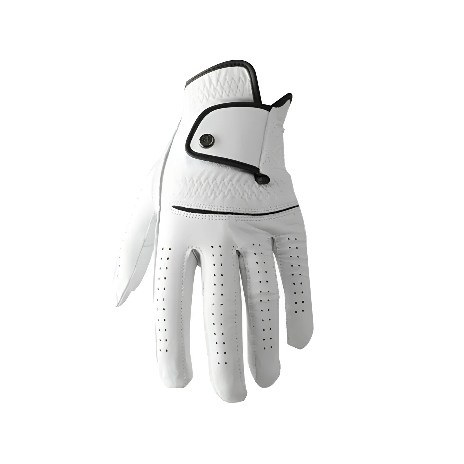 White men's golf glove with half sheepskin palm, shown laid flat.
