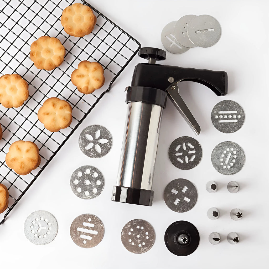 Stainless steel biscuit press gun with 13 cookie moulds and 8 piping nozzles for baking and cake decorating