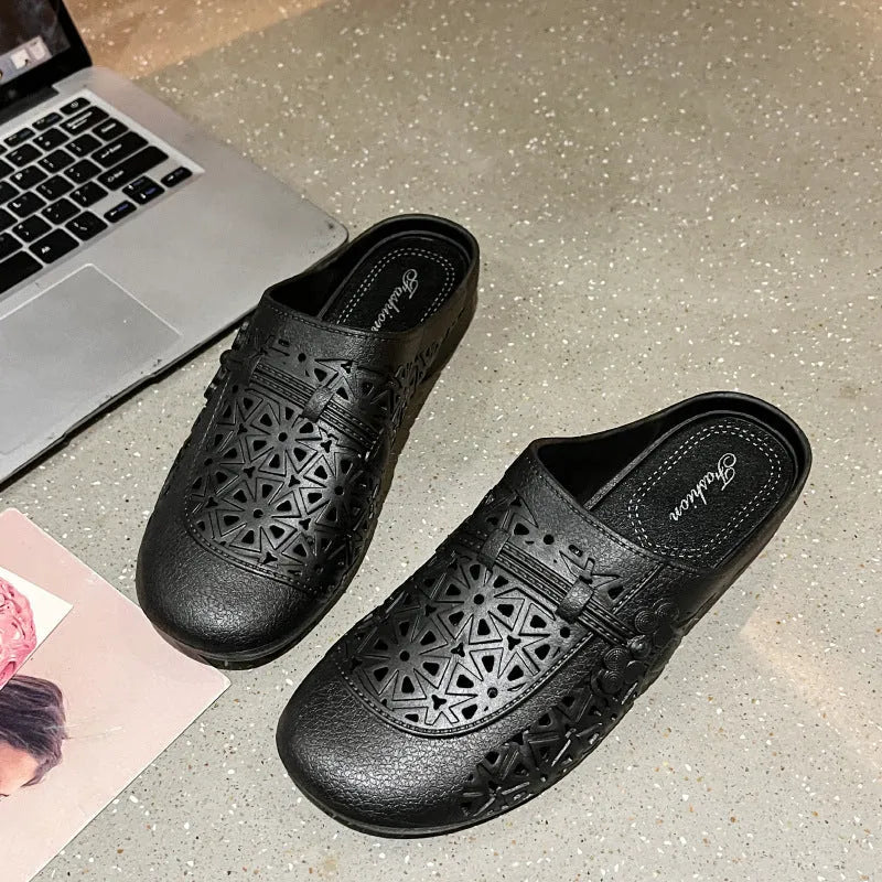 PVC flat toe box slippers with hollow-out pattern in apricot colour