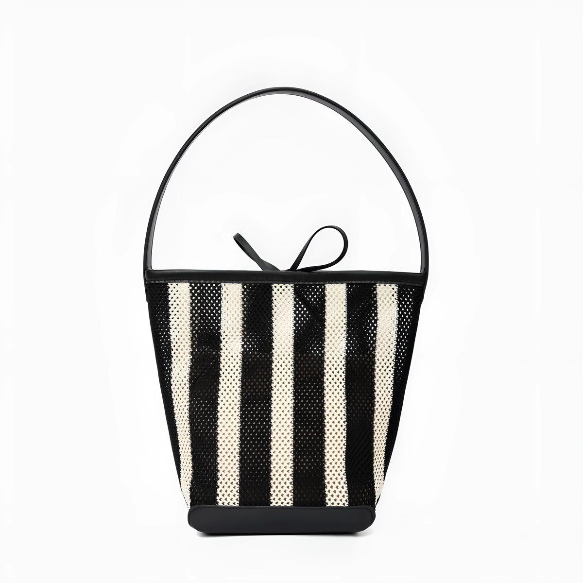 Black and white striped woven fabric women's shoulder bag with bucket style