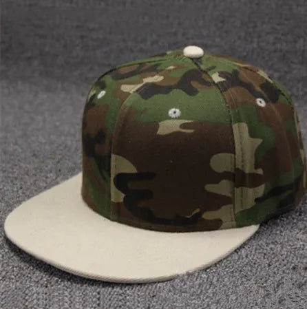 Camouflage cotton polyester flat brim snapback baseball cap with adjustable closure