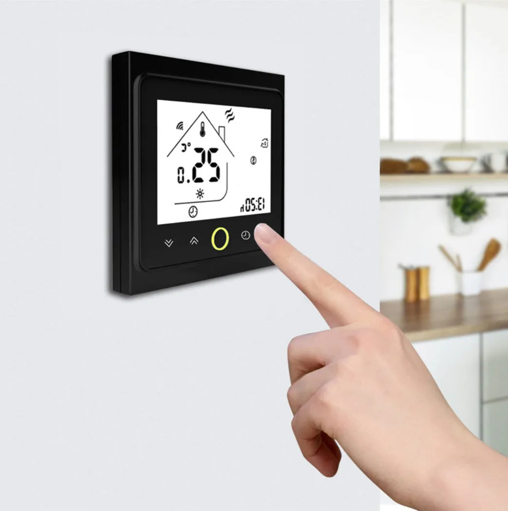 Intelligent central air conditioning thermostat in black or white with capacitive touch buttons and digital display
