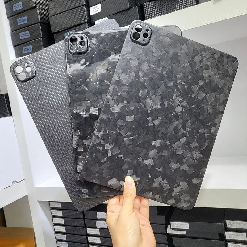 Carbon fibre hard protective cover for Apple iPad Pro 11-inch in matte and forged finish options.