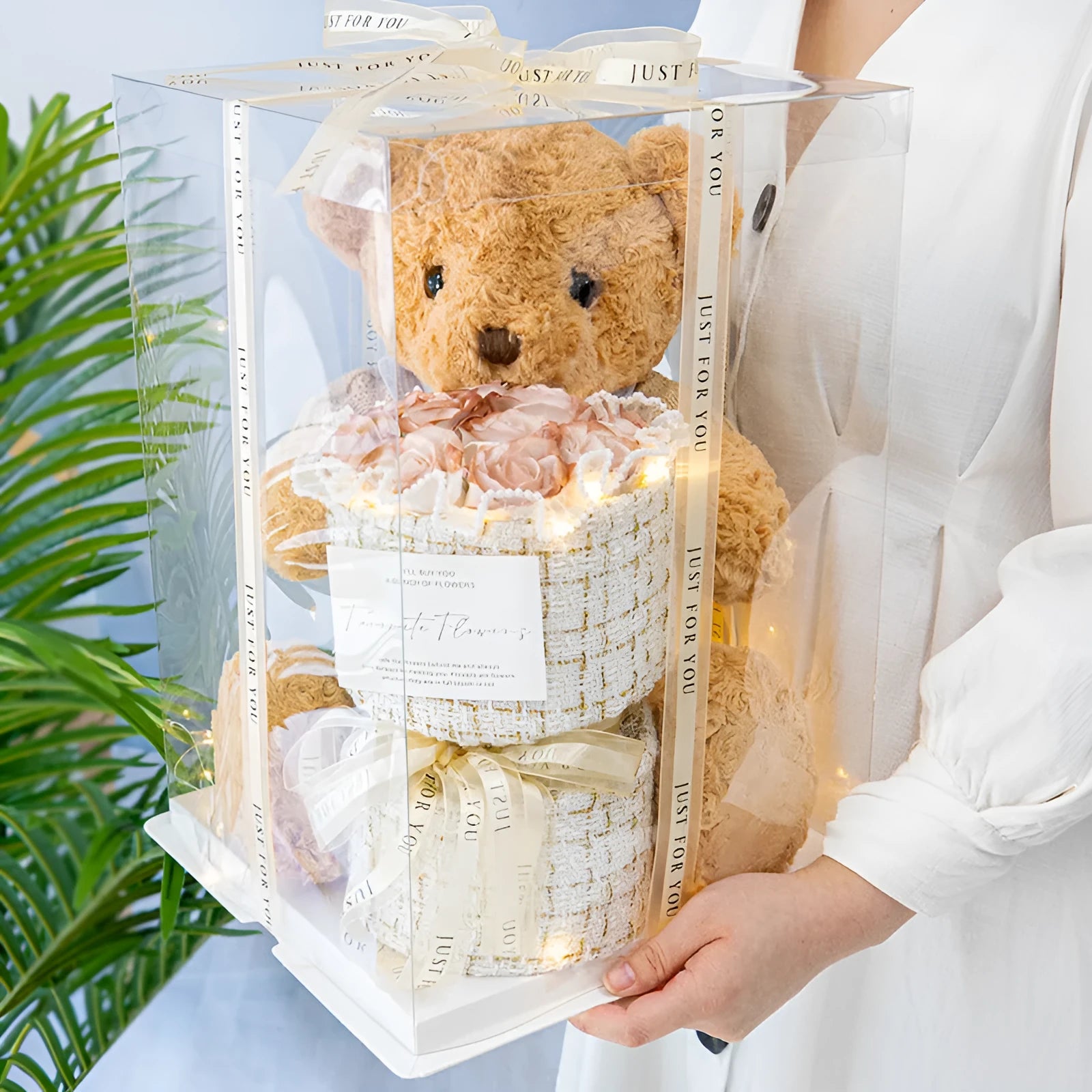 Plush bear doll with soap flower eternal rose bouquet in acrylic case 30cm height