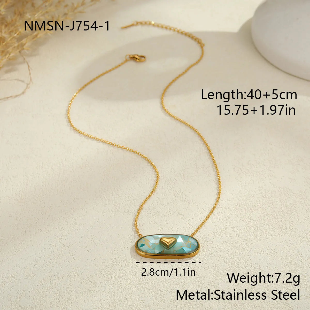Love heart-shaped oil dripping 18K gold plated stainless steel necklace on adjustable chain, green colour variant