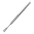 Close-up of stainless steel tick removal tweezers with fine tip and ergonomic handle for pets.