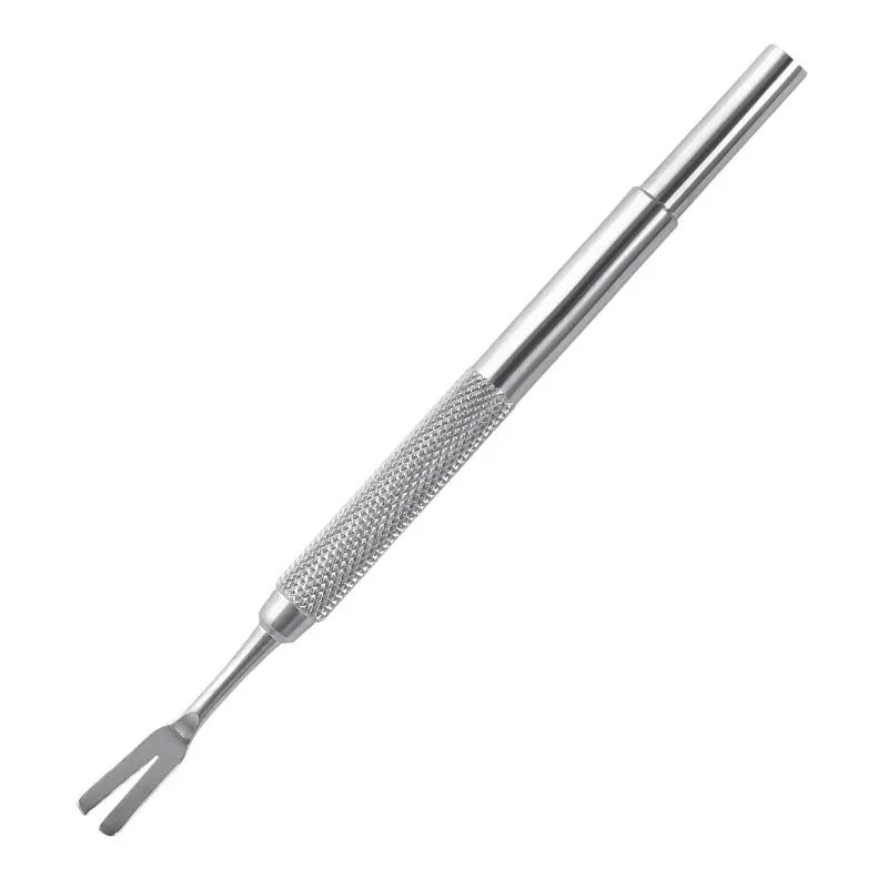 Close-up of stainless steel tick removal tweezers with fine tip and ergonomic handle for pets.