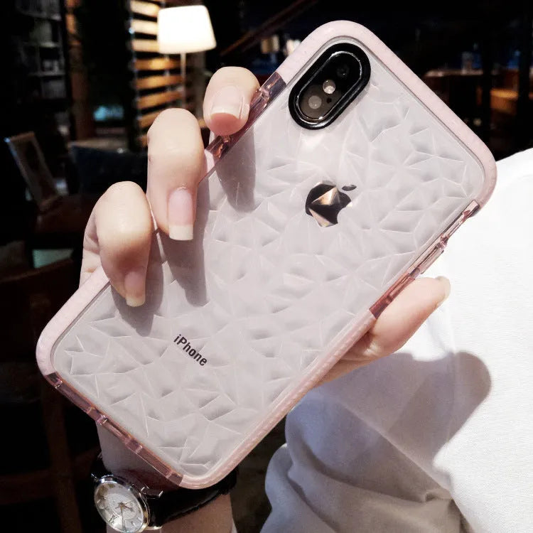 Simple striped soft TPU iPhone case on a phone, showing pink border colour option.