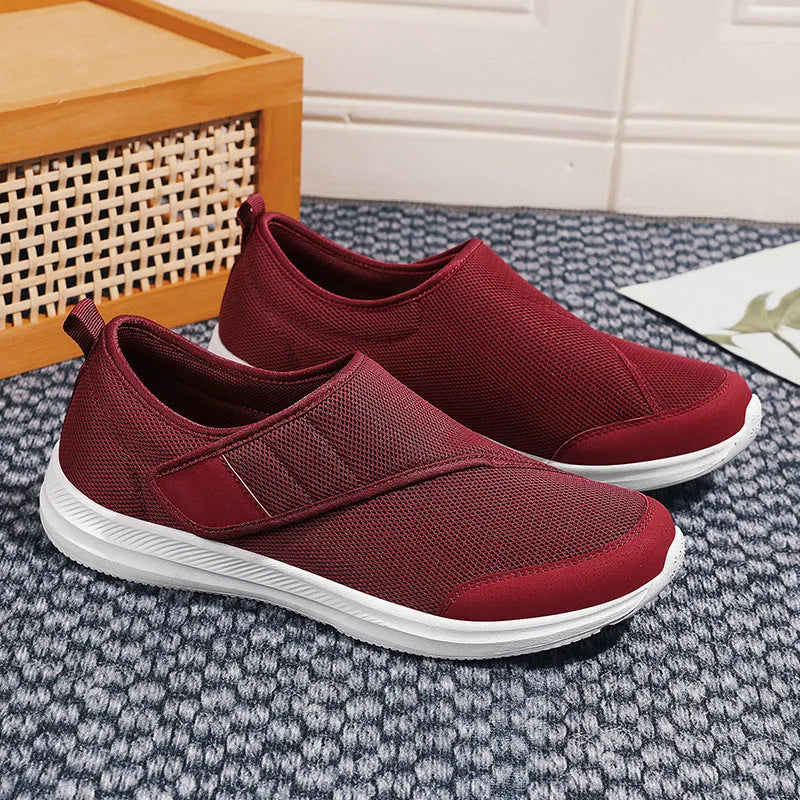 Mesh upper walking shoes with Velcro fastening in black, blue, grey, or wine red