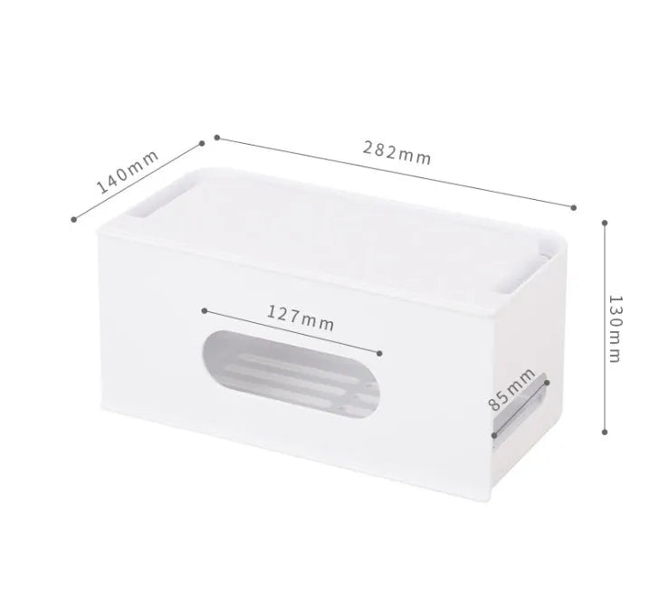 A grey and a white plastic router storage box for organising Wi-Fi routers and network cables.