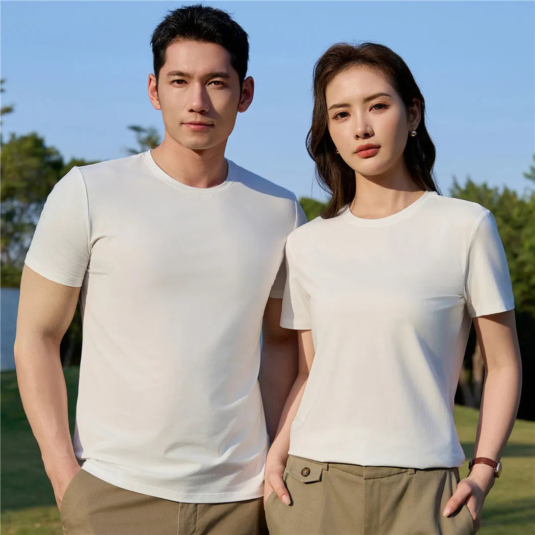 Mercerised plain weave modal short-sleeve round neck top in solid colour, pullover style