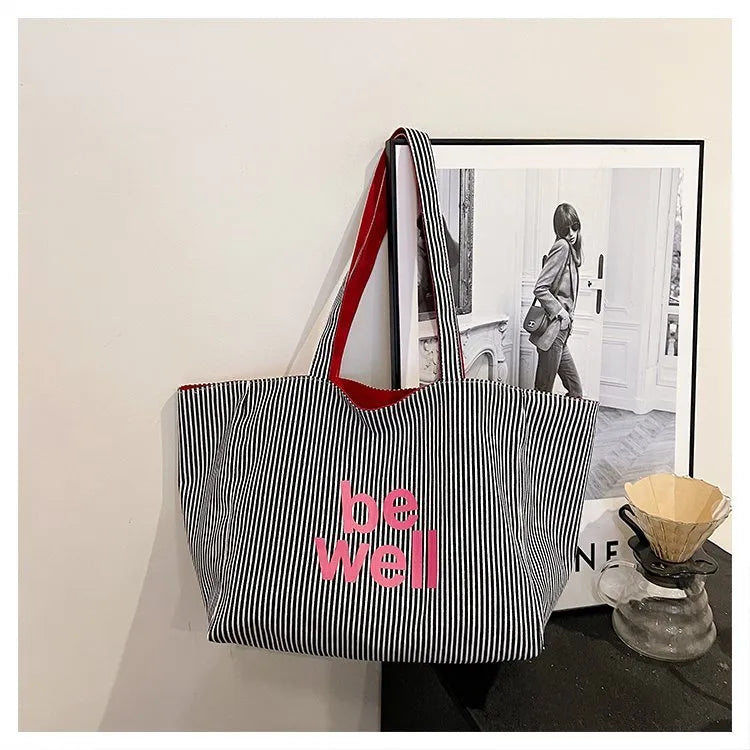 Large capacity double-sided striped canvas tote bag in striped blue, soft horizontal square shape