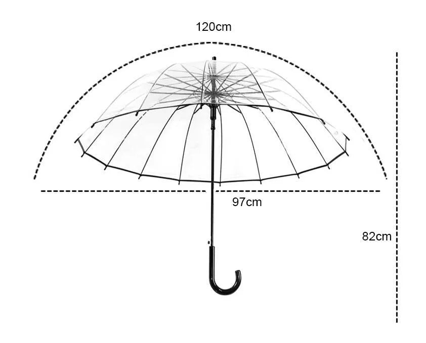 Transparent umbrella with long handle showing 16 rib construction and large canopy