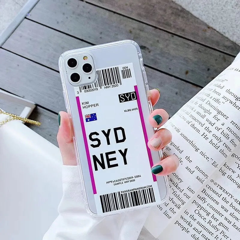 Clear transparent Ticket iPhone case with graffiti design on a smartphone