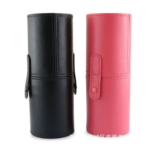 12-piece makeup brush set with wooden handles, aluminium tubes and PU storage tube, black and pink