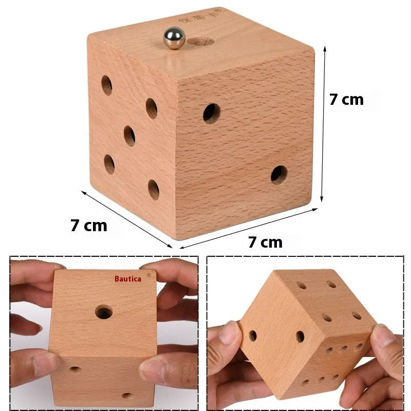 Dice maze wooden educational toy, 8.2cm cube ball labyrinth on white background