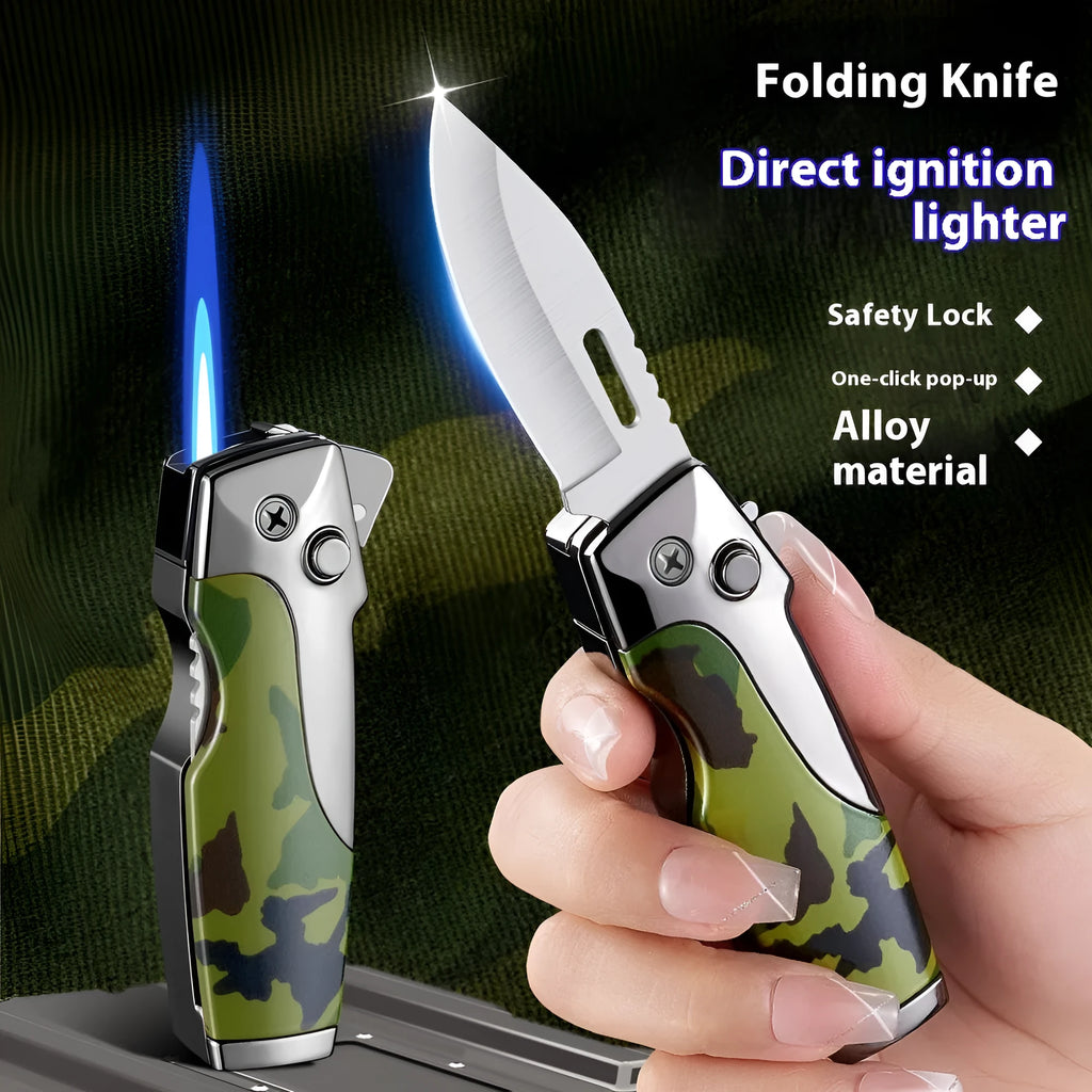Zinc alloy metal folding lighter with integrated knife in camouflage finish