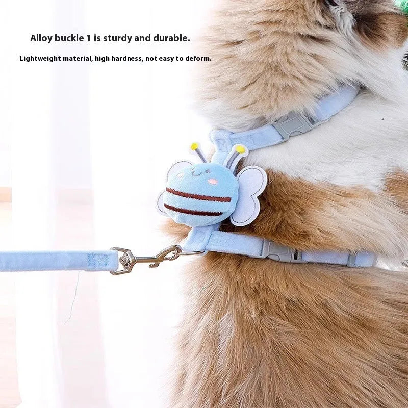 Pink, yellow, and blue bee-shaped adjustable cat lead and rope set on a white background.