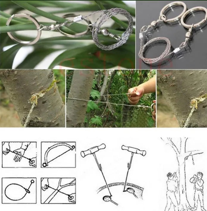 Stainless steel survival wire saw with pull rings showing 55cm cutting blade and extended 70cm total length