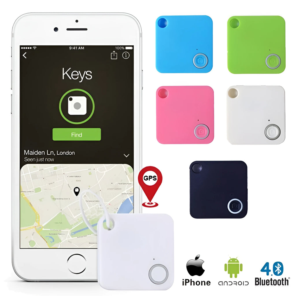 Anti-lost device in black ABS plastic, 38x38x7mm, with keyring attachment on white background