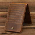 Slim brown cowhide men's wallet open to show 18 card slots and a phone compartment.