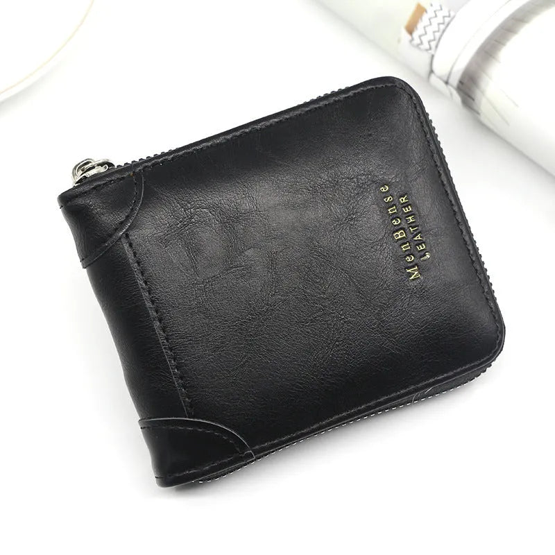 Men's short PU leather wallet with zipper coin purse, synthetic leather lining, available in black, dark brown or light brown