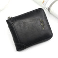 Men's short PU leather wallet with zipper coin purse, synthetic leather lining, available in black, dark brown or light brown