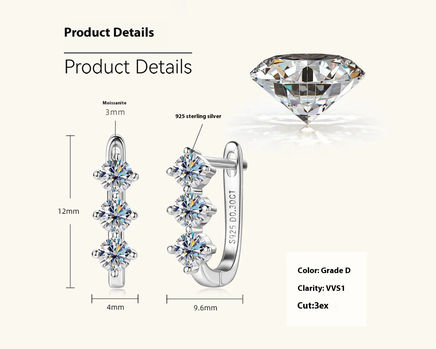 Silver moissanite earrings in gold finish with 0.3 carat round U-shaped geometric design for women