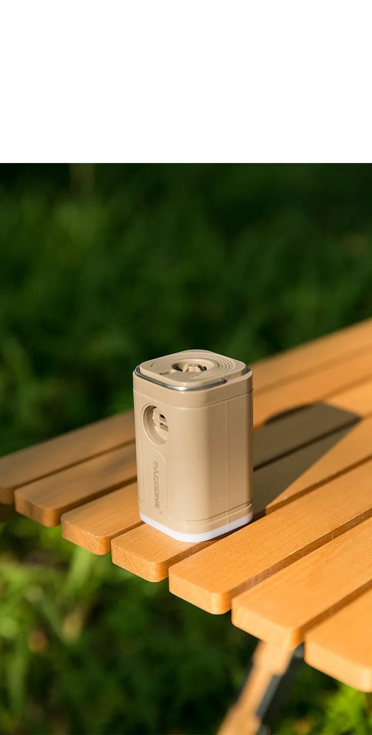 Mini electric air pump for camping mats in khaki, black, light bean green, or gray colour options