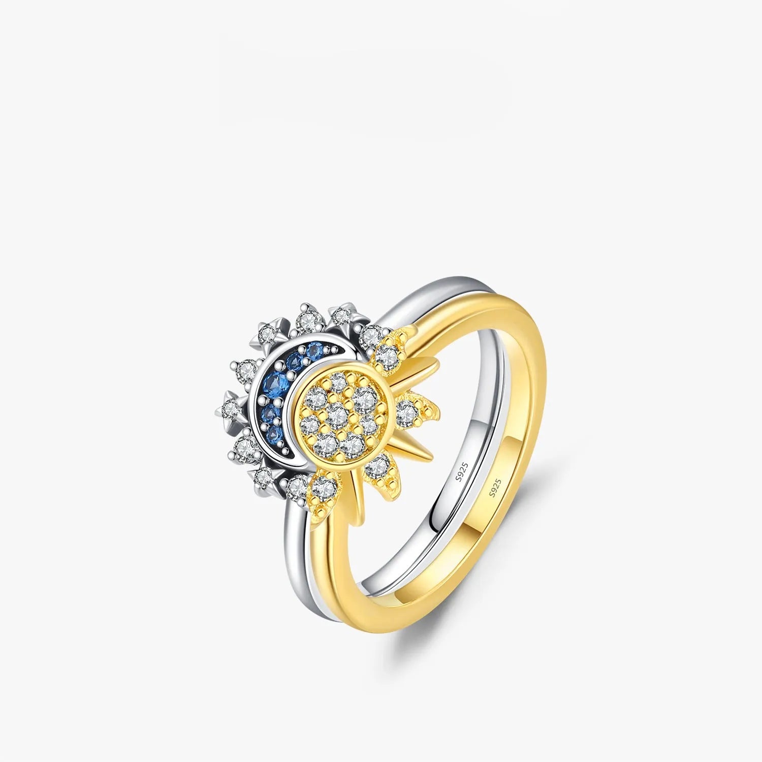 Twin wind sun moon 925 sterling silver ring, asymmetric design, on index finger, US size 7 54mm, colour 2004 Sun