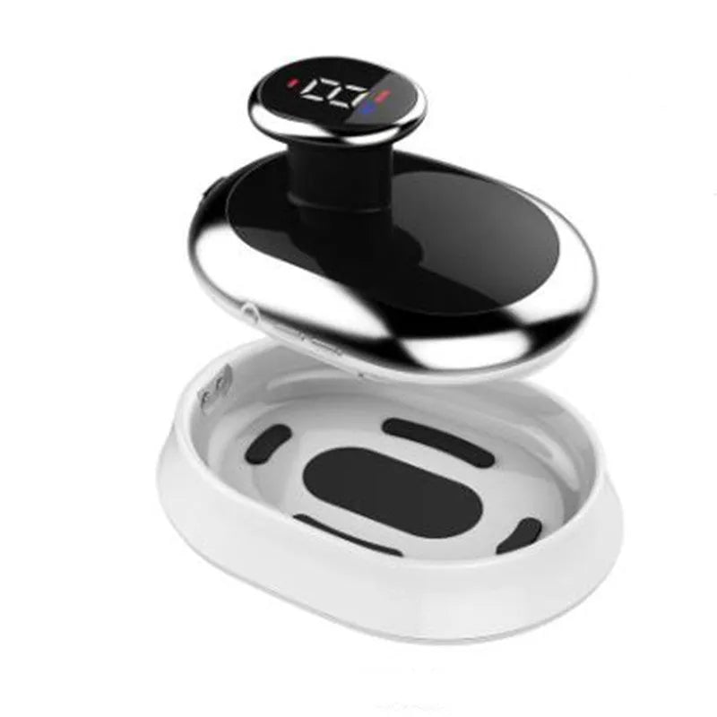 White rechargeable EMS body shaping massager with contact charging base and USB cable