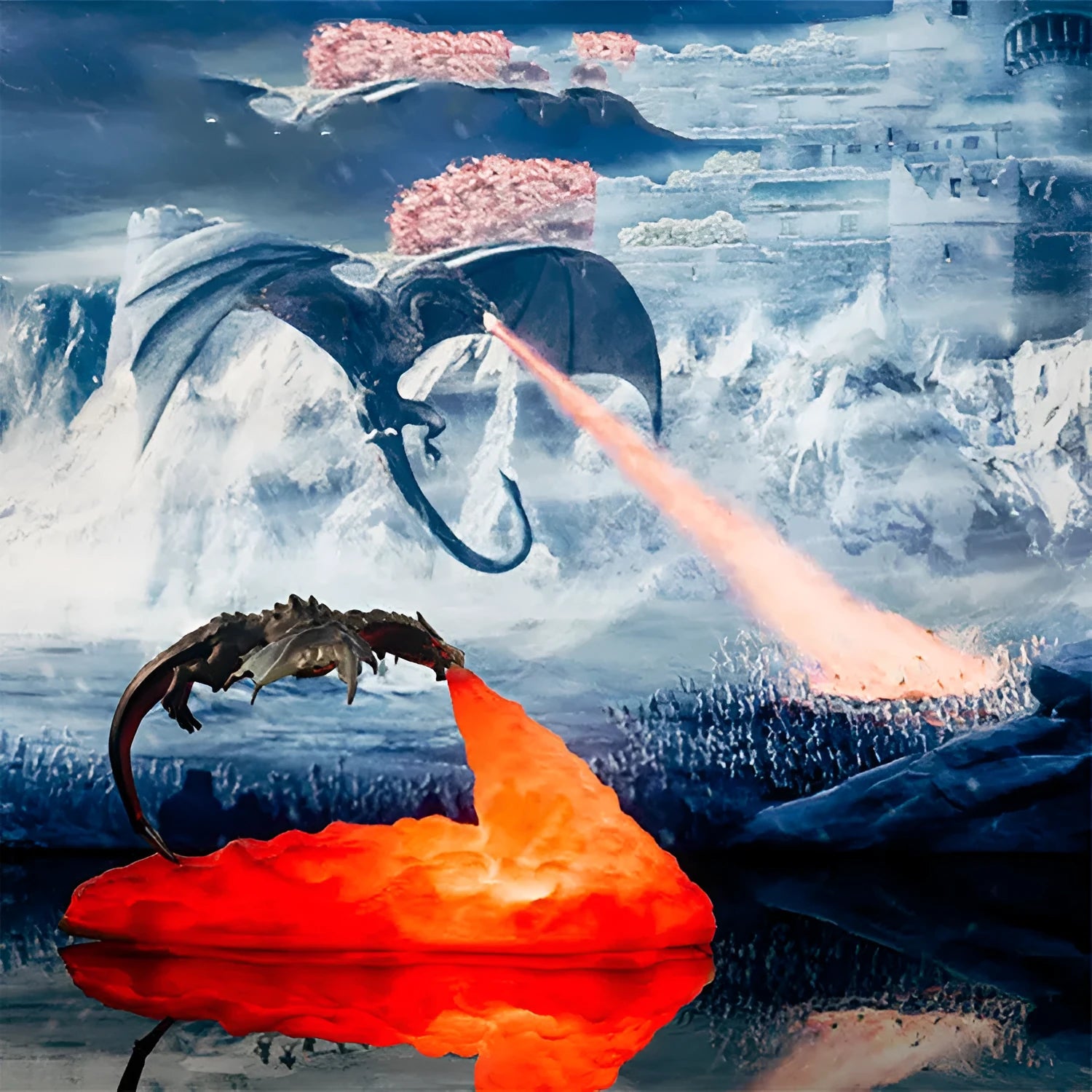 3D printed red dragon decorative lamp with glowing fire-breathing effect on a dark background