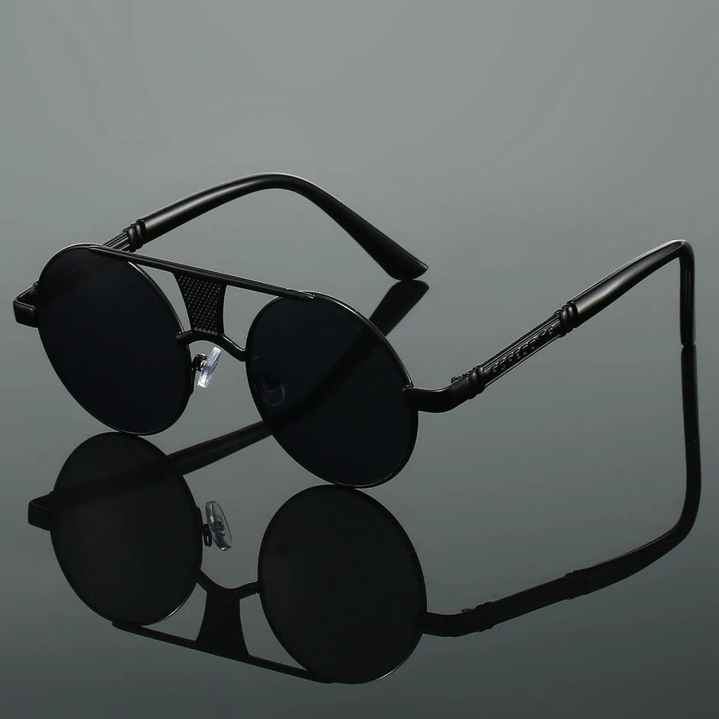 Men's double beam round frame sunglasses with PC lenses in black frame black colour variant