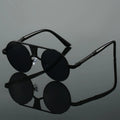 Men's double beam round frame sunglasses with PC lenses in black frame black colour variant