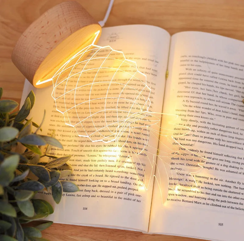 Cartoon pineapple-shaped night light on a wooden base with USB cable and dimmer switch.