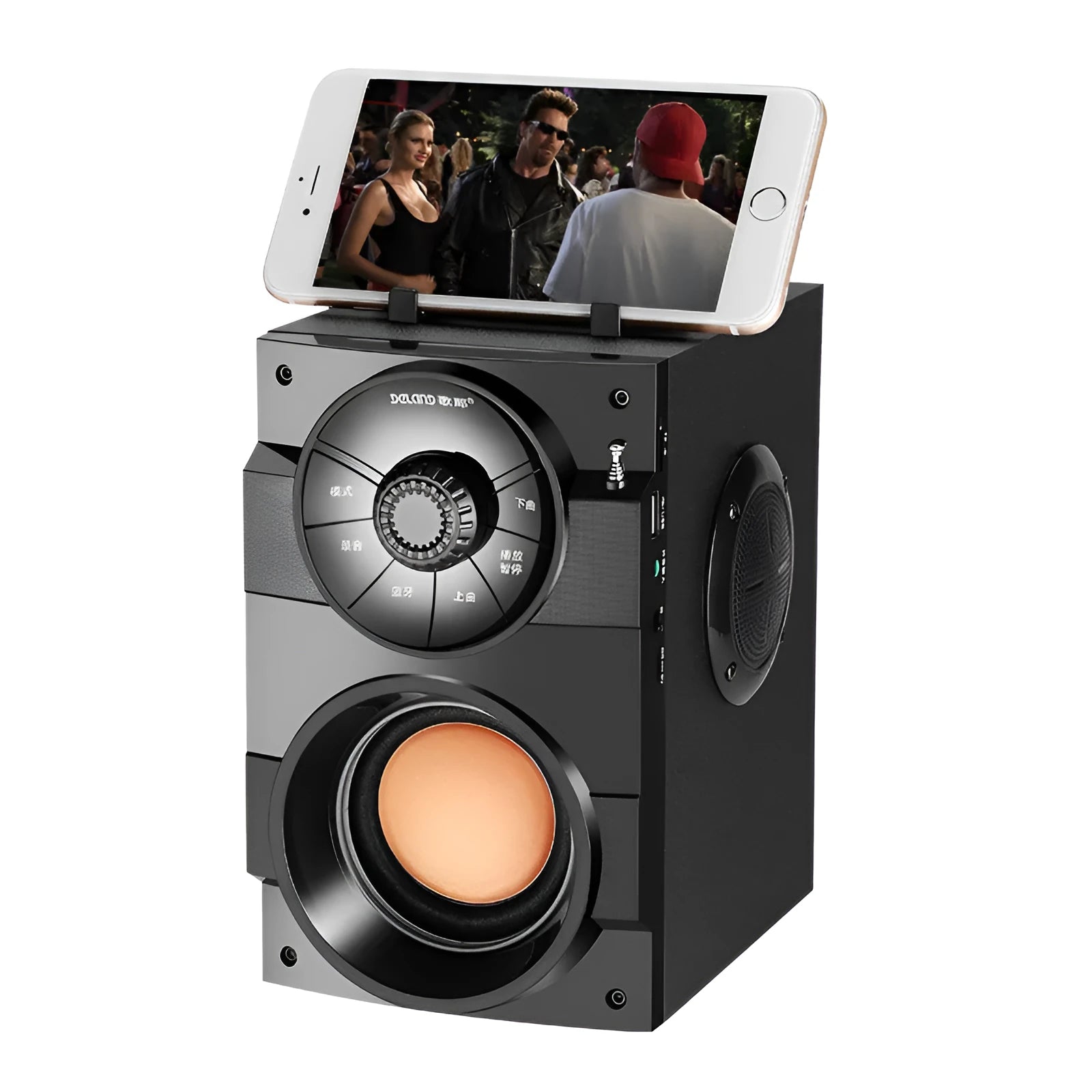 Compact black portable audio system with subwoofer, connection cable, and USB power input.