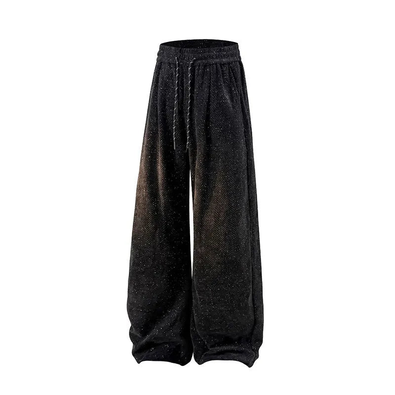 Light grey straight-leg hollow-out trousers with an elastic waistband, shown laid flat.