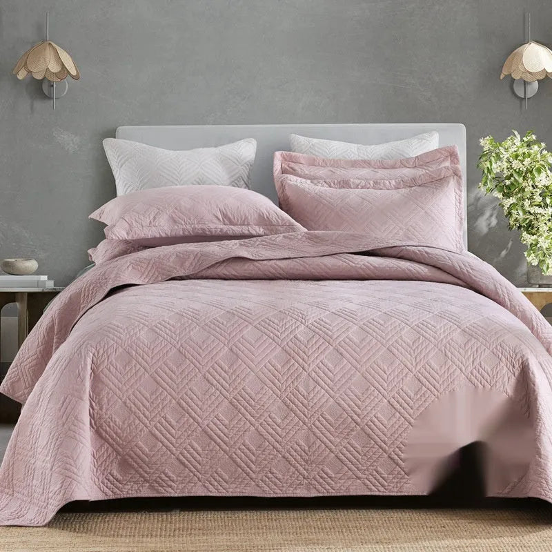 Pure cotton bed cover three-piece set showing bedspread-style design with solid colour pattern