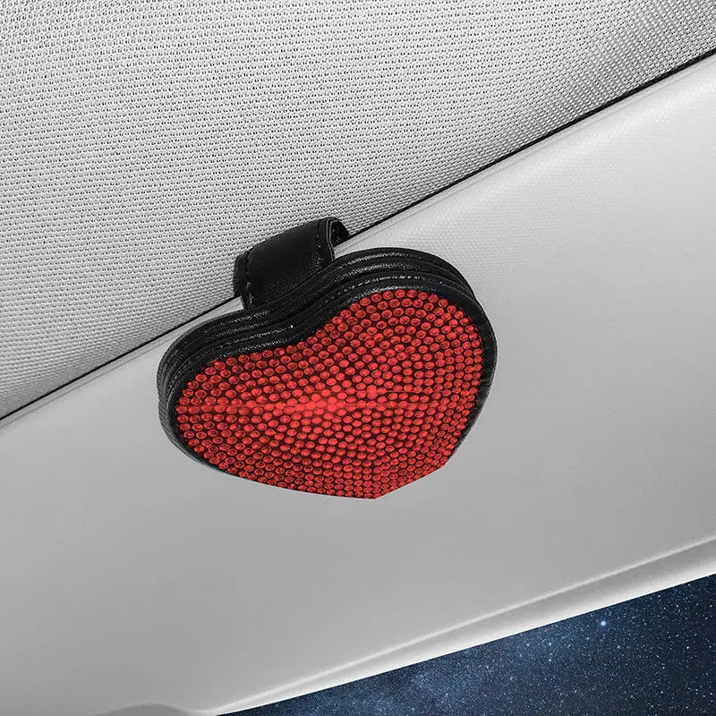 PU leather car sun visor clip with diamond pattern, holding sunglasses and cards.