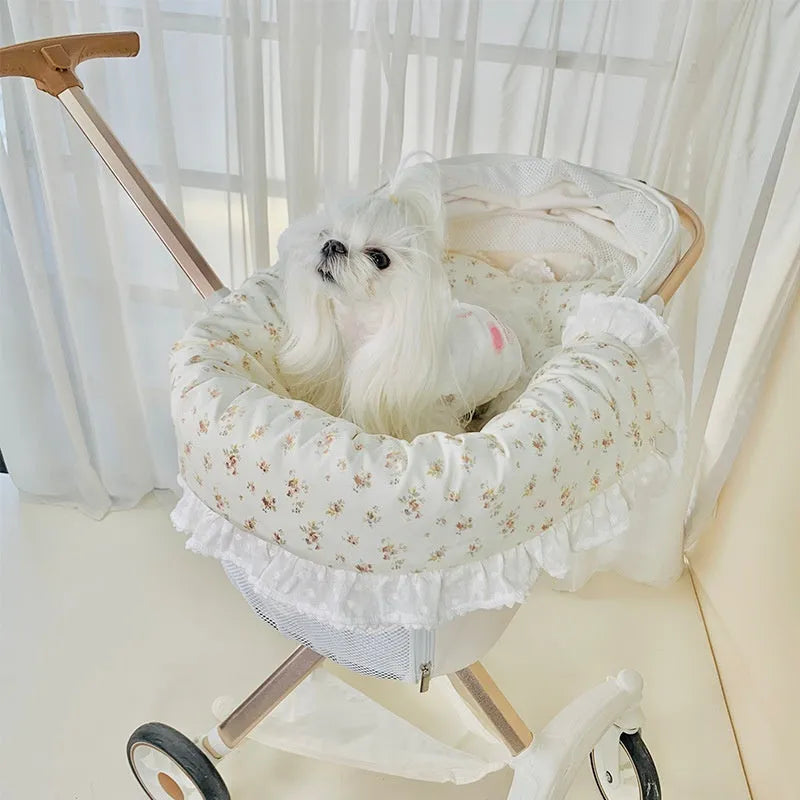 Pure cotton pet stroller set with anti-dirty towel, cushion, and pillow in a floral colour pattern.