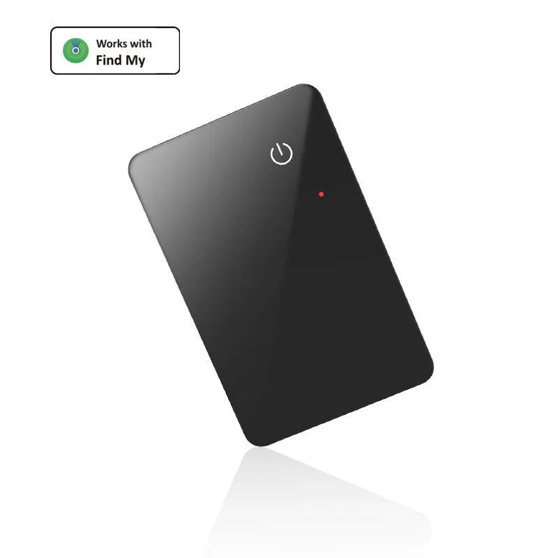 Black pet tracking card with wireless charging, 85mm by 54mm dimensions and hanging hole for collar attachment