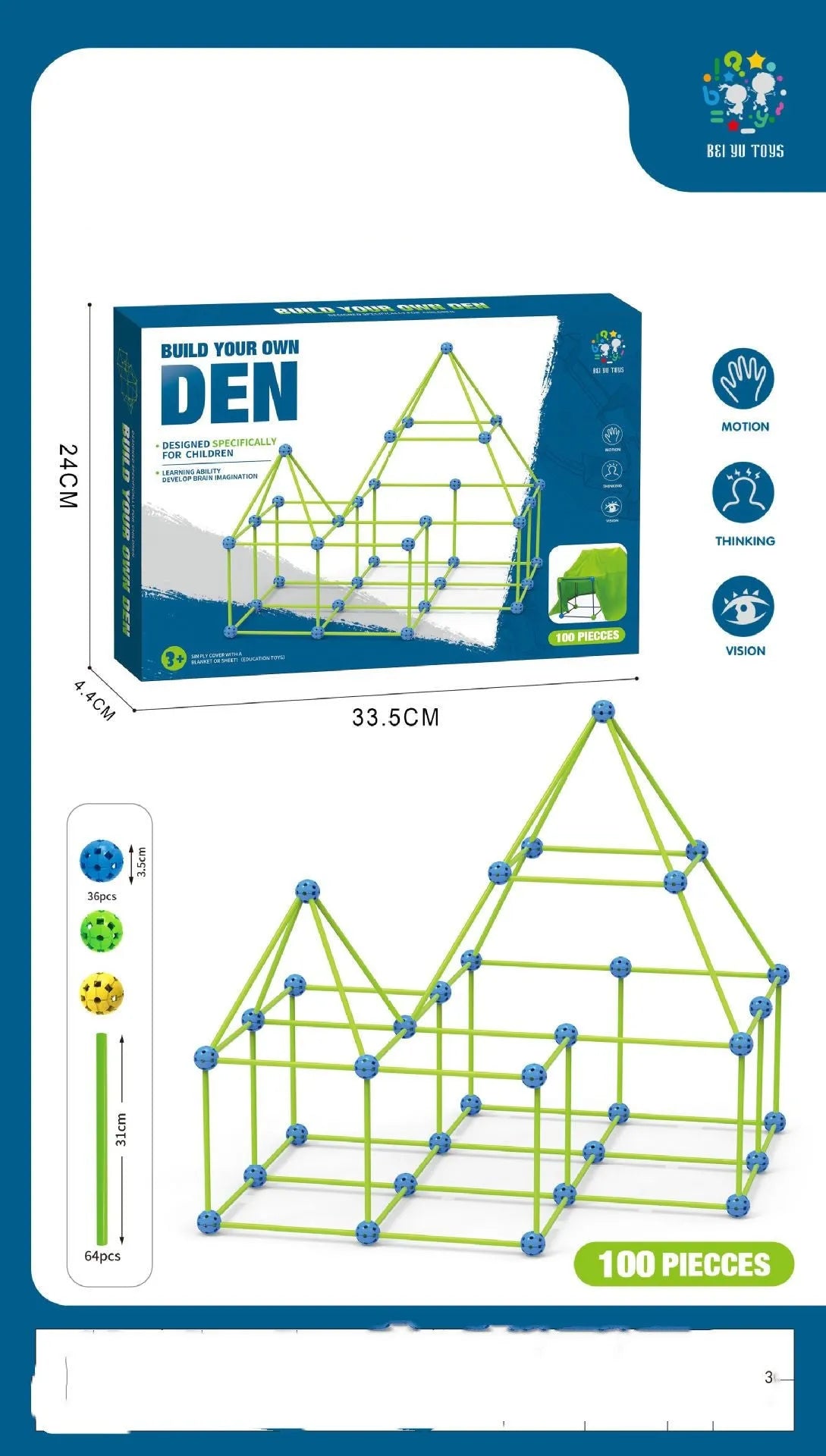 Luminous children's fort building kit with plastic sticks and connector balls for constructing castles and play tents