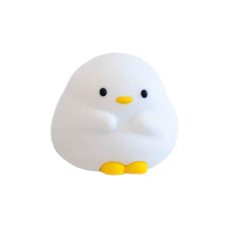 Cute duck LED night lamp in silicone with USB charging, touch sensor, and 125mm x 105mm x 110mm size