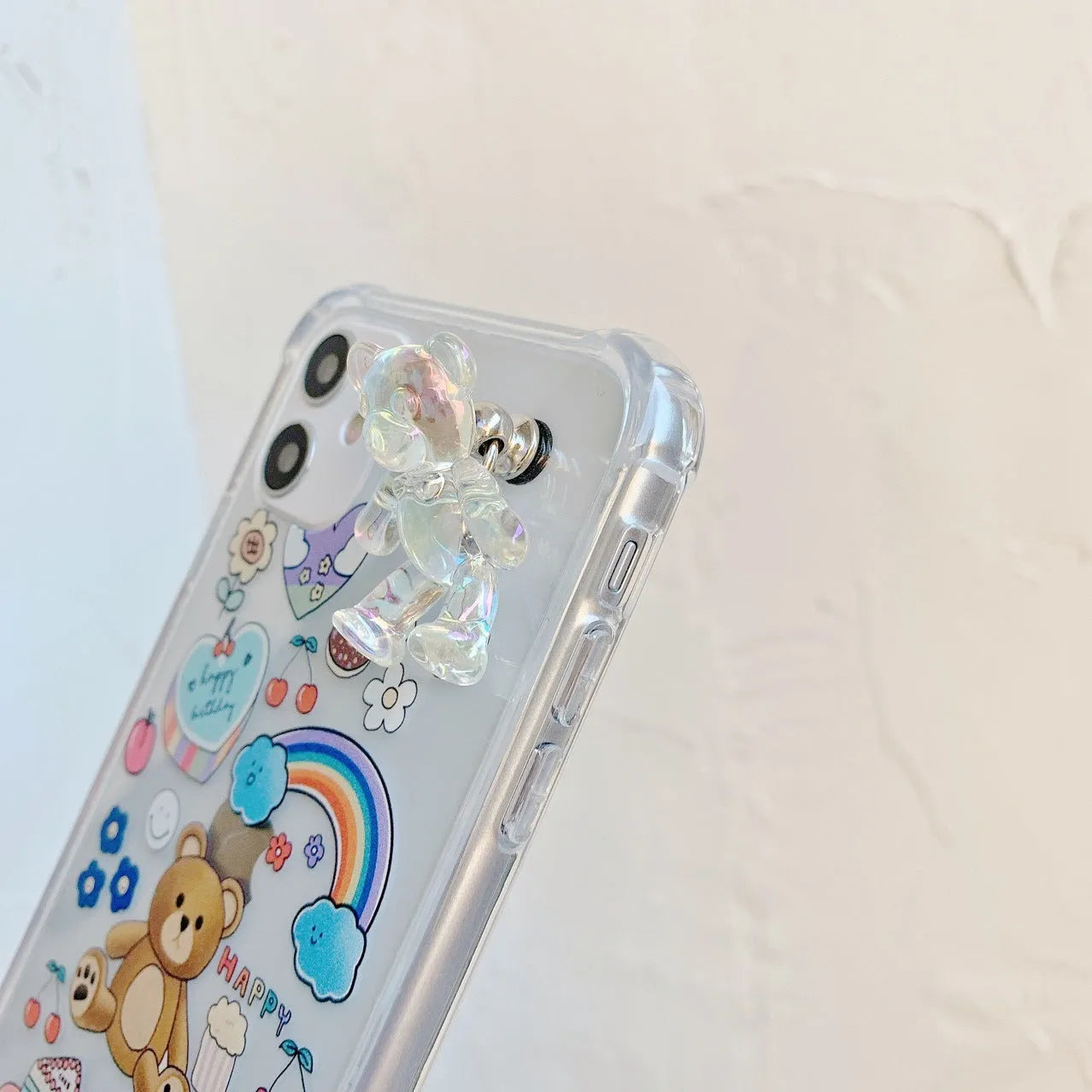 Bear chain iPhone case with pendant attachment point and Japanese Korean cartoon design on TPU material